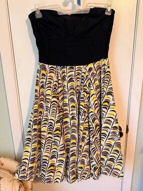 Black Strapless Dress with Yellow & White Patterned Skirt